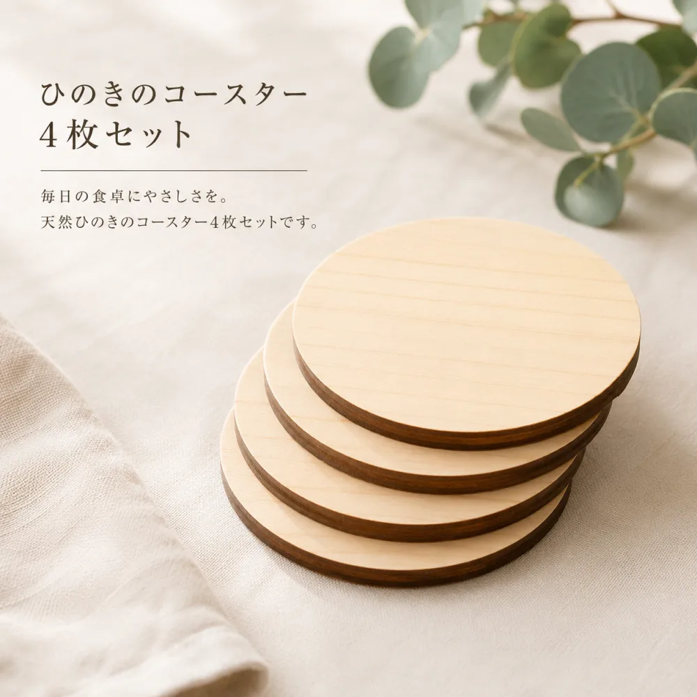重ねて置いた国産ひのきコースター4枚セット